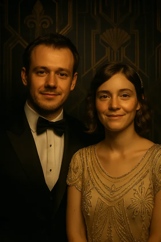 1920s gala: The same couple in an AI style set at a 1920s gala