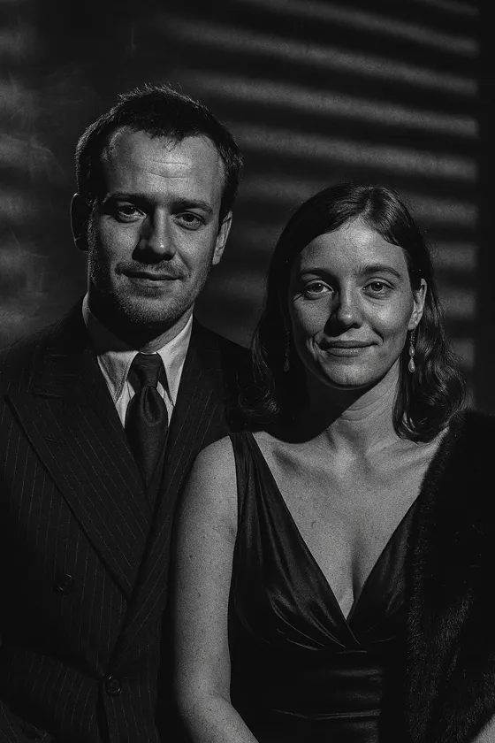 Film noir: The same couple in an AI style set in a film noir